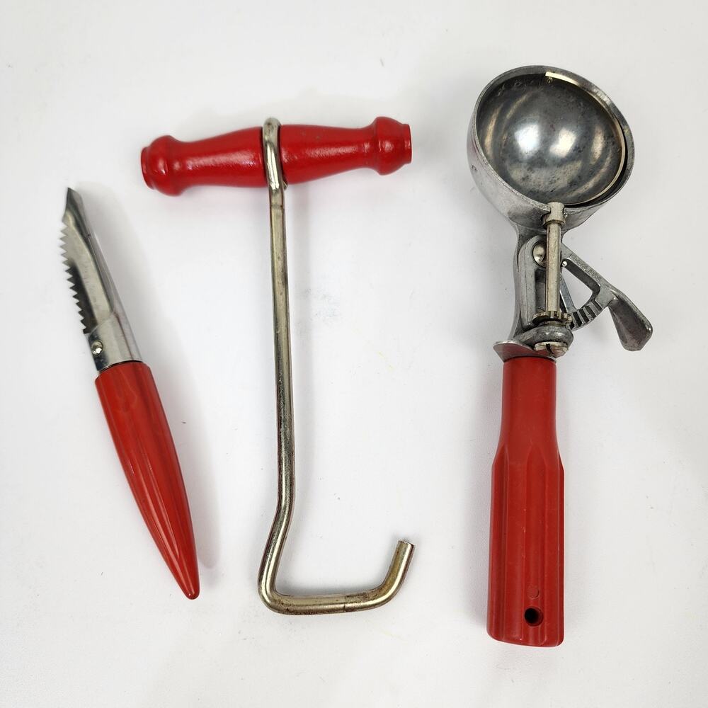 3 Vintage Farmhouse Red Handle Kitchen Utensils Scoop Master Ice Hook Peeler